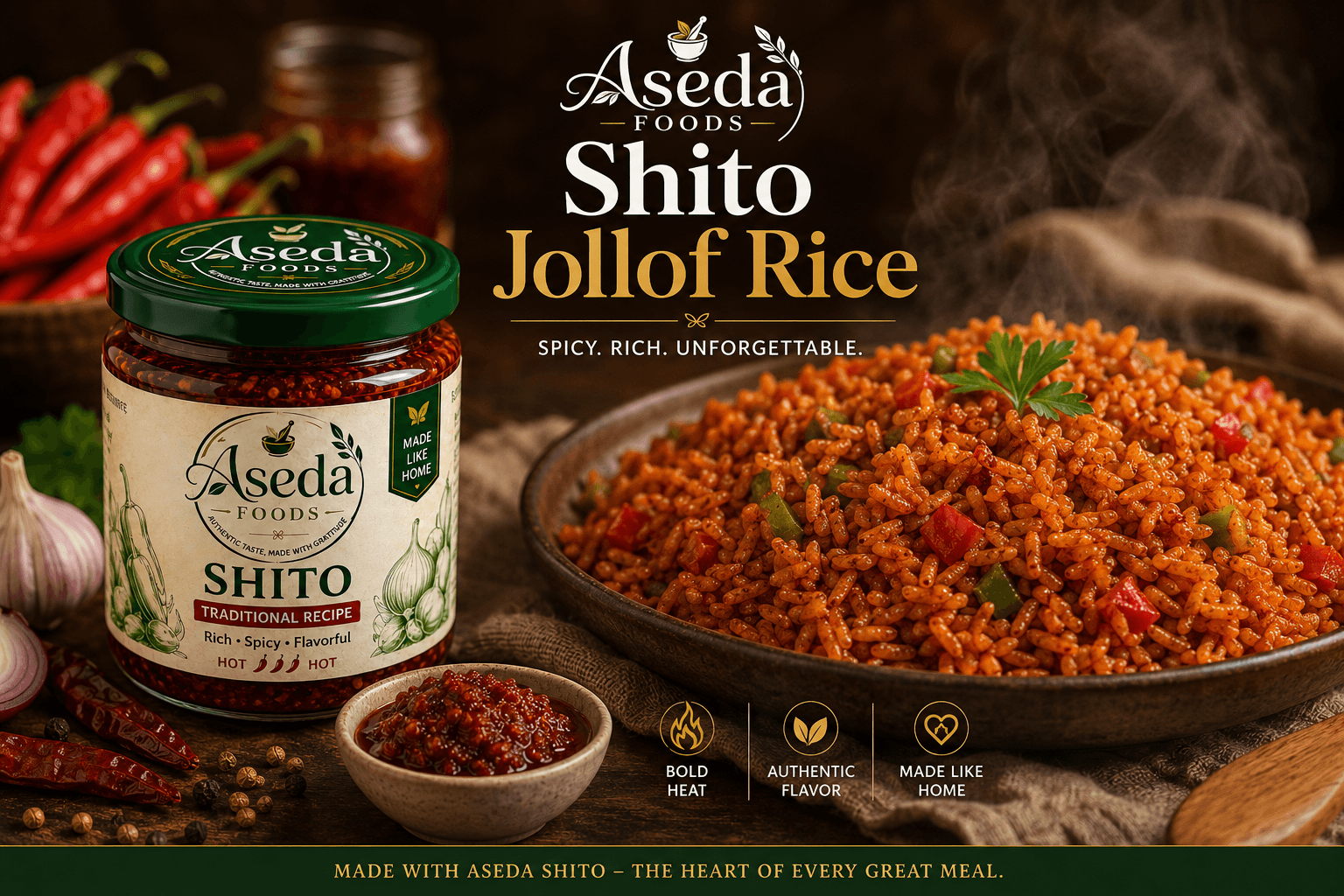 Jollof rice served with Aseda Shito